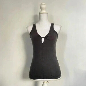Dark grey twist tie tank top.